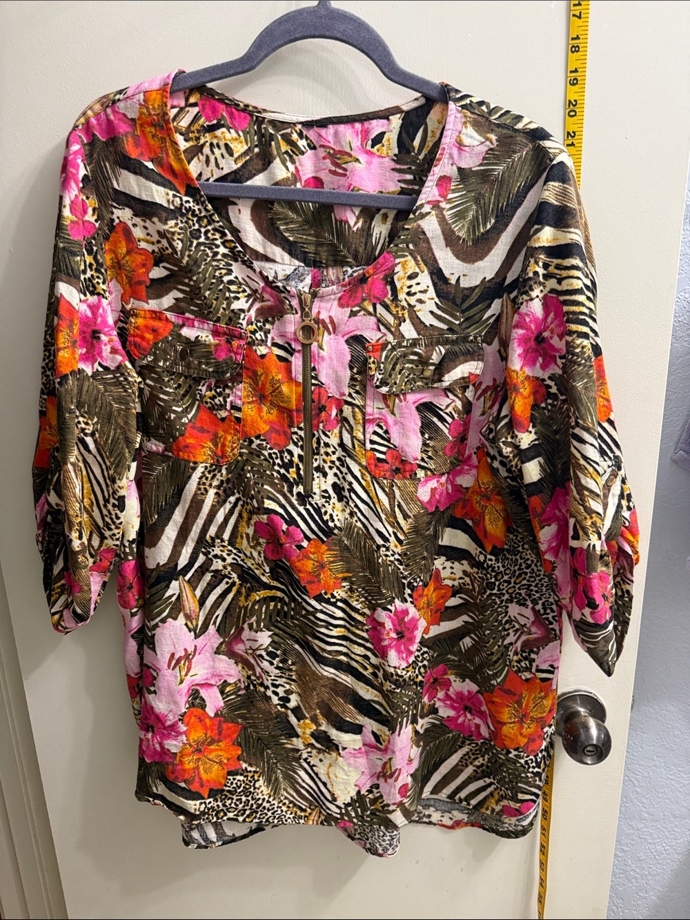 Tropical Floral Scoop Neck Women's Top - Pink & Olive linen and rayon